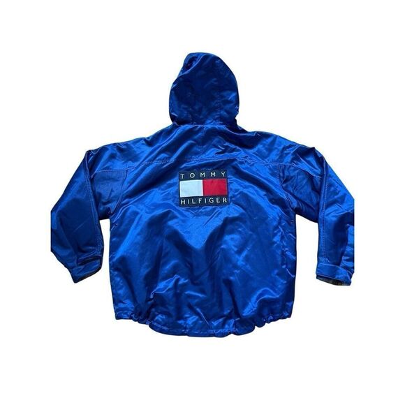 1990S OVERSIZED SHINY BLUE TOMMY HILFIGER PUFFY JACKET YELLOW LINING Men’s XL - Picture 3 of 15